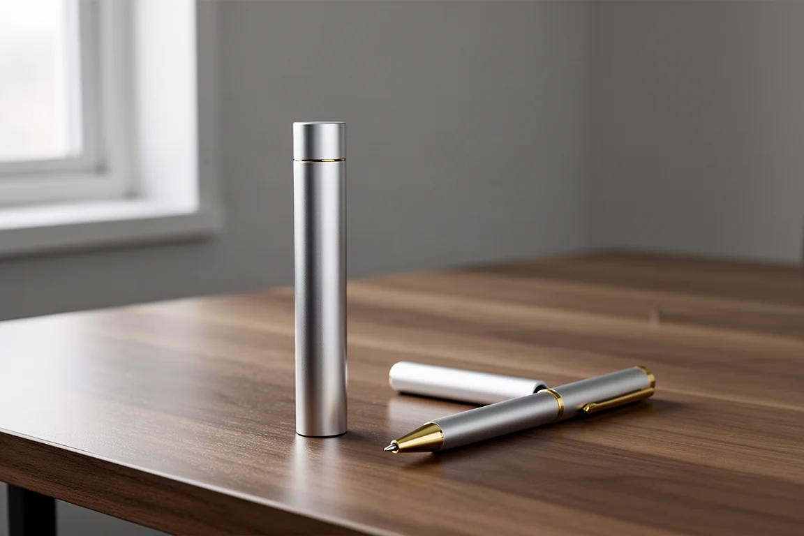 Aluminiowe cylindryczne etui na wkłady stojące obok pasującego długopisu na biurku