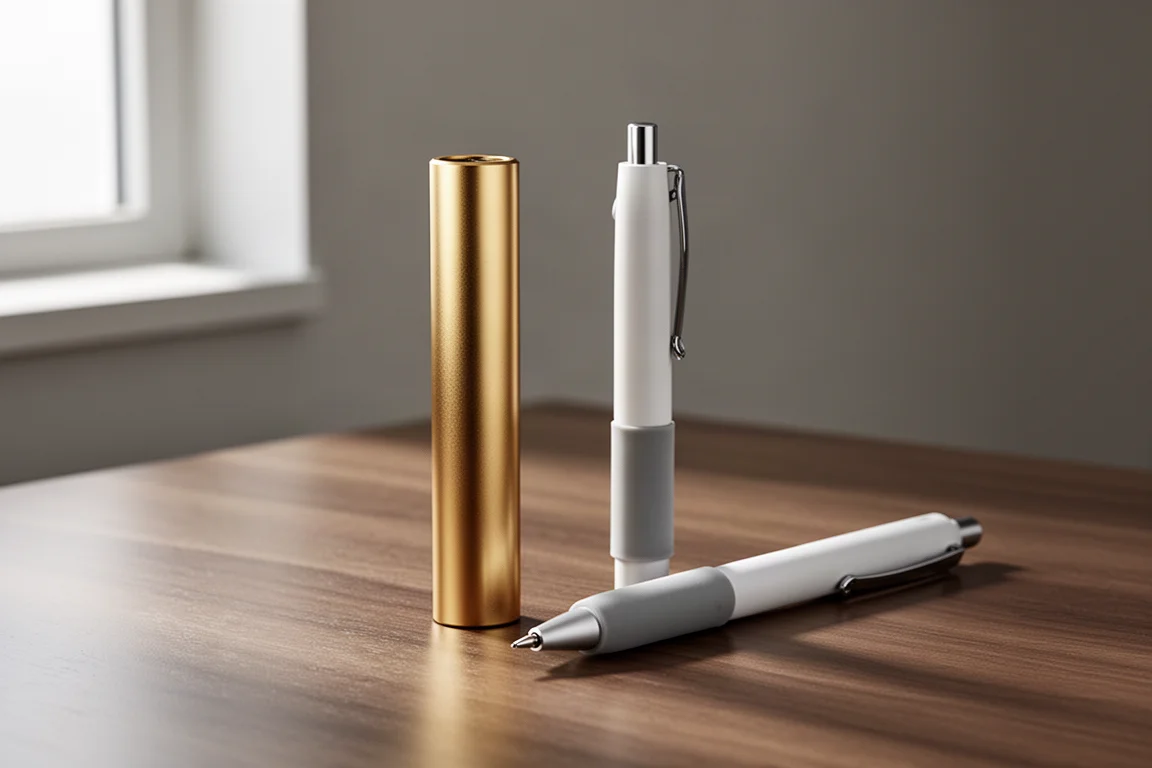 Aluminium-Minendose im Zylinderformat neben einem passenden Multifunktionsstift auf einem Schreibtisch