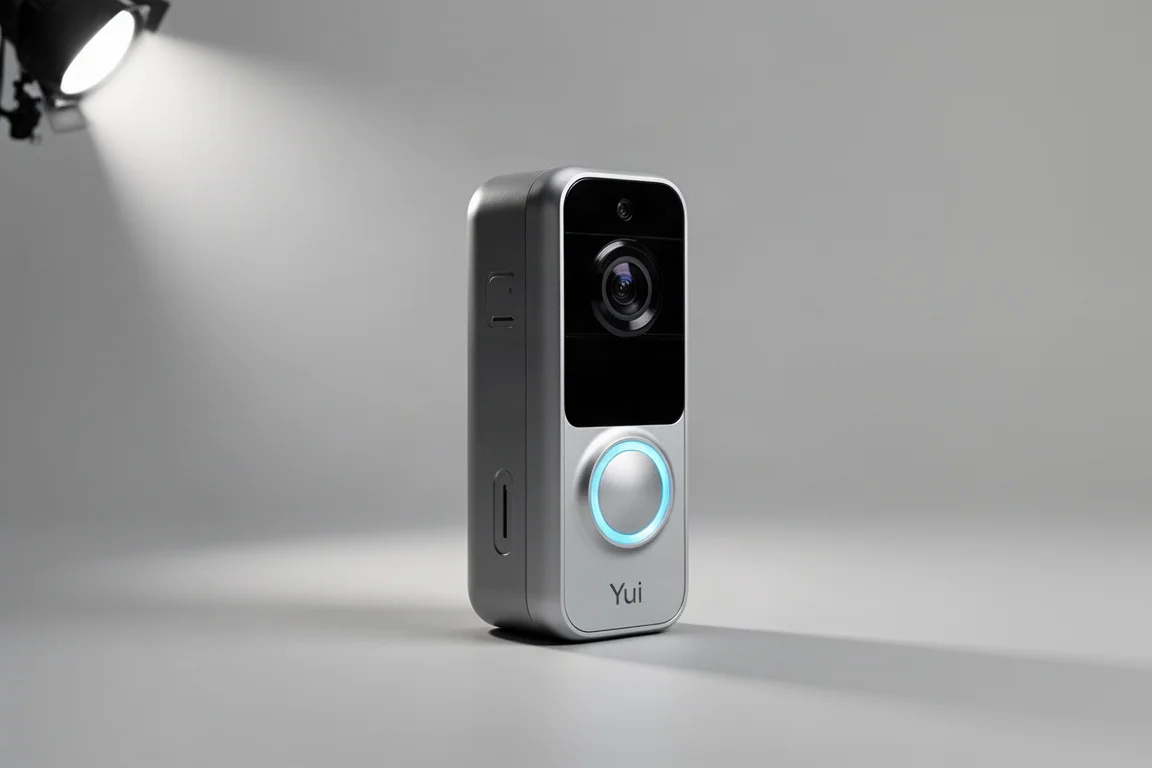 Ecobee、Wyze、Yuiの3つのビデオドアベルがコンクリートの表面に並べられています