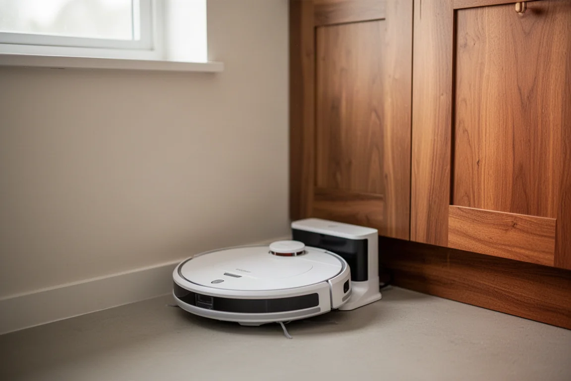 Robô aspirador na base de carregamento em um canto da cozinha
