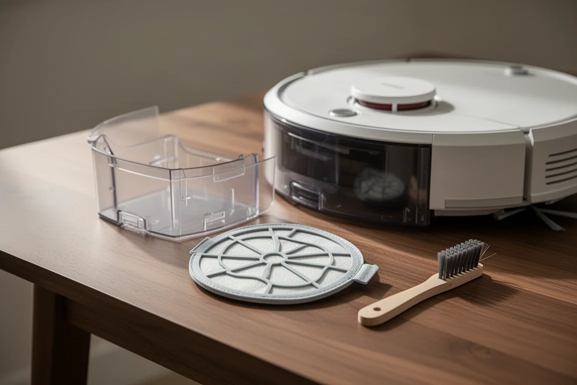 Depósito de pó e filtro de robô aspirador removidos para limpeza sobre uma mesa de madeira