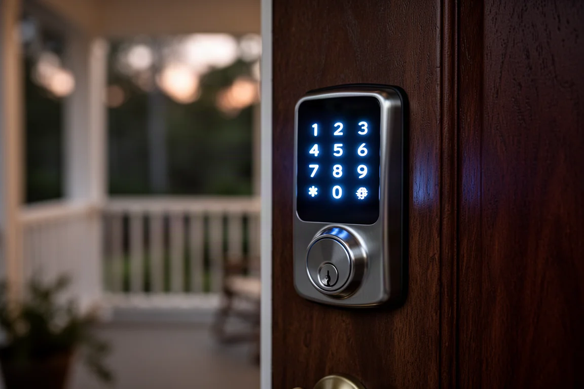 Smart door lock keypad glowing on a wooden door at dusk