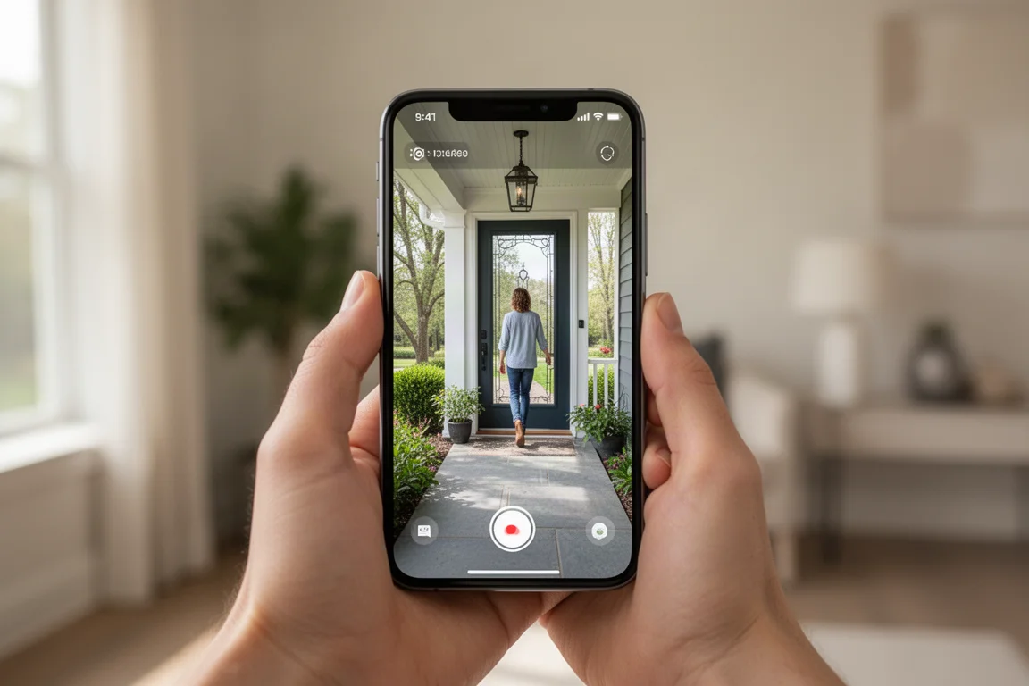 Hand holding a smartphone showing a live feed from a door camera