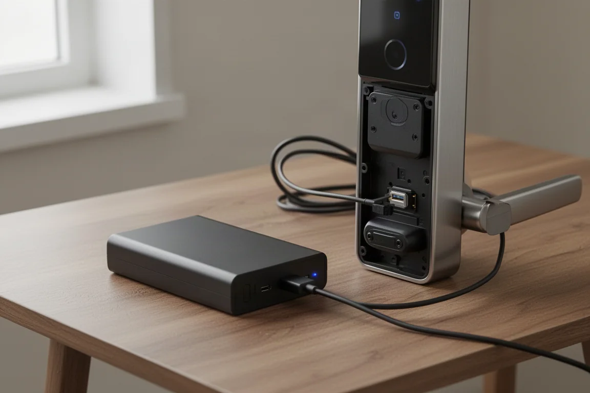 Removable rechargeable battery pack beside a smart lock interior unit