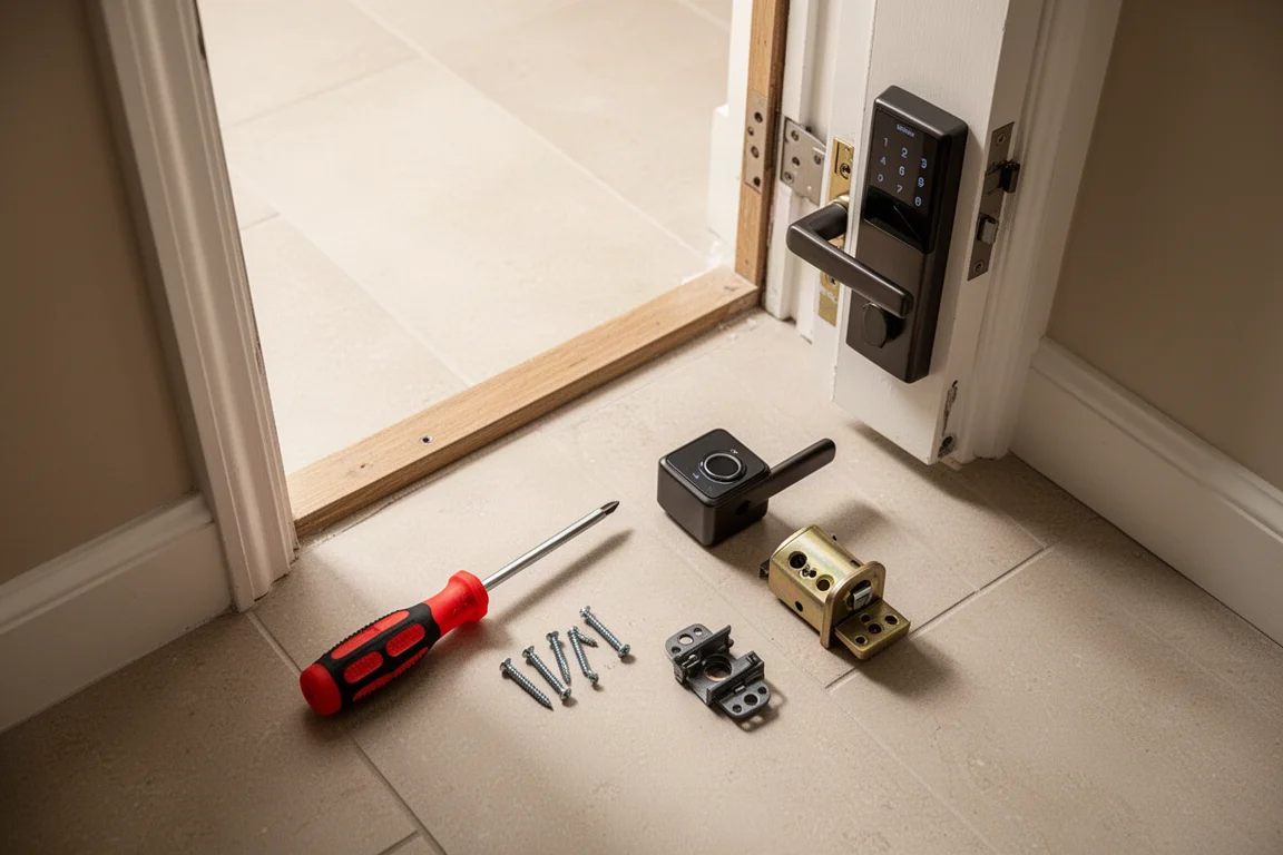 Toolbox and door lock hardware laid out during a simple door installation