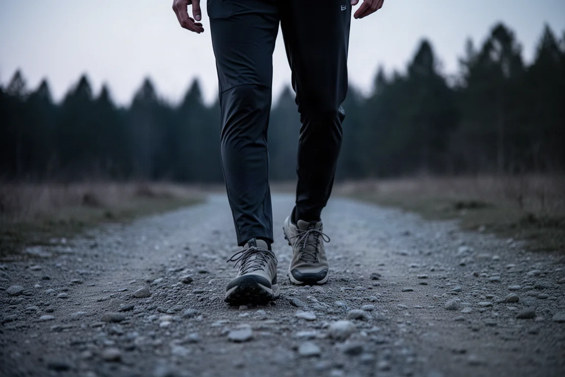 Untere Beine einer Person, die in der Dämmerung auf einem Kiesweg geht und dunkle Track Pants trägt