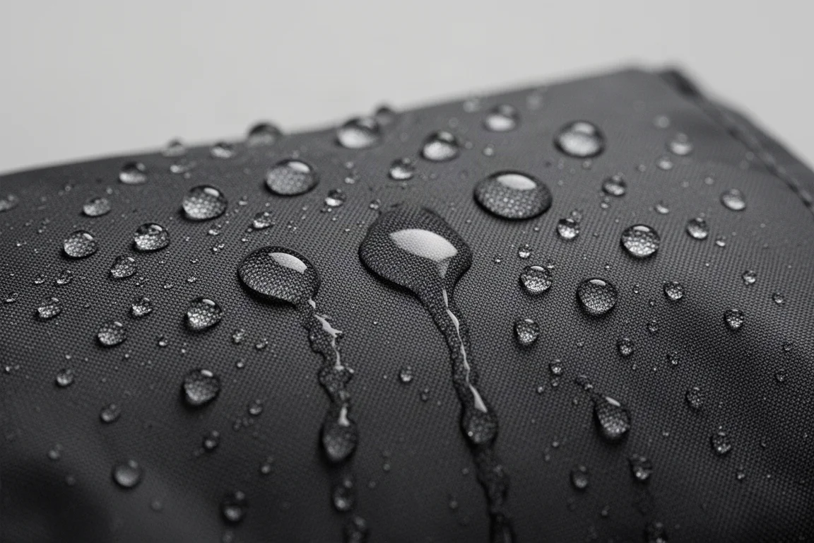 Wassertropfen perlen auf der Oberfläche eines dunklen wasserabweisenden Stoffs