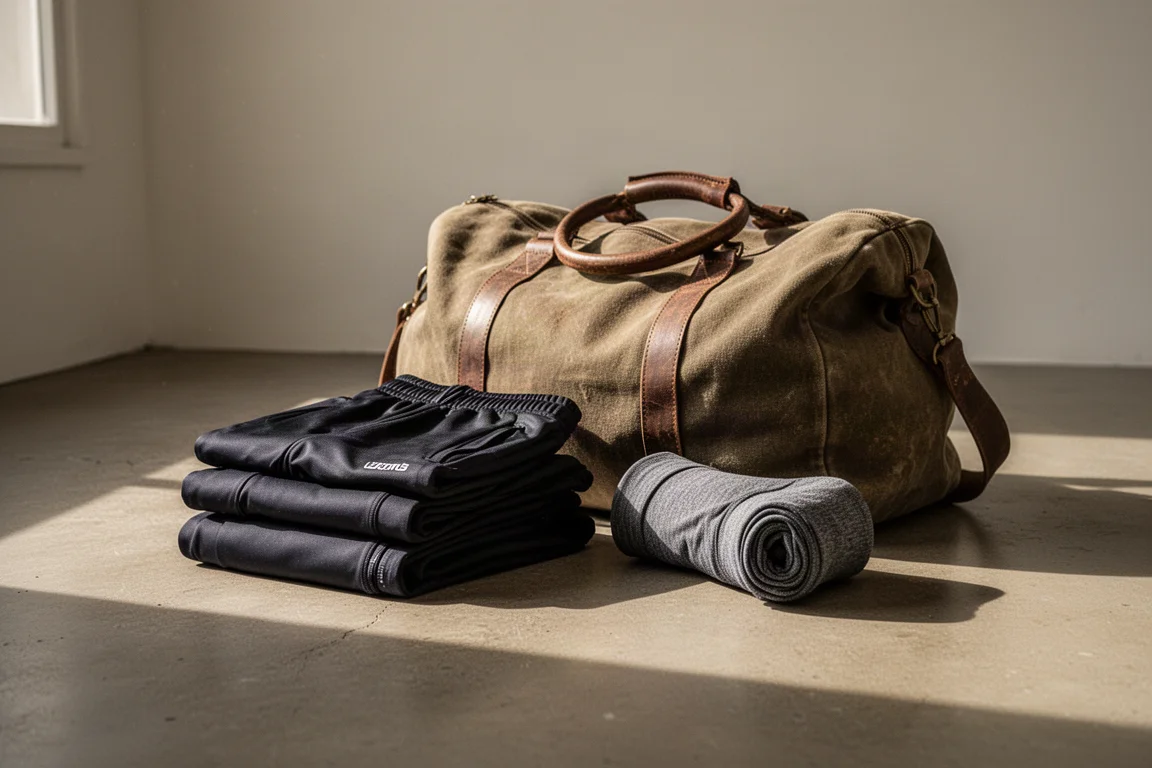 Zusammengelegte dunkle Track Pants neben einer Canvas-Sporttasche auf einem Betonboden