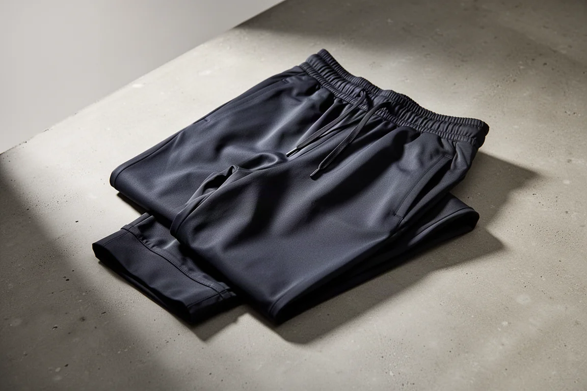 Dark technical track pants folded on a matte concrete surface
