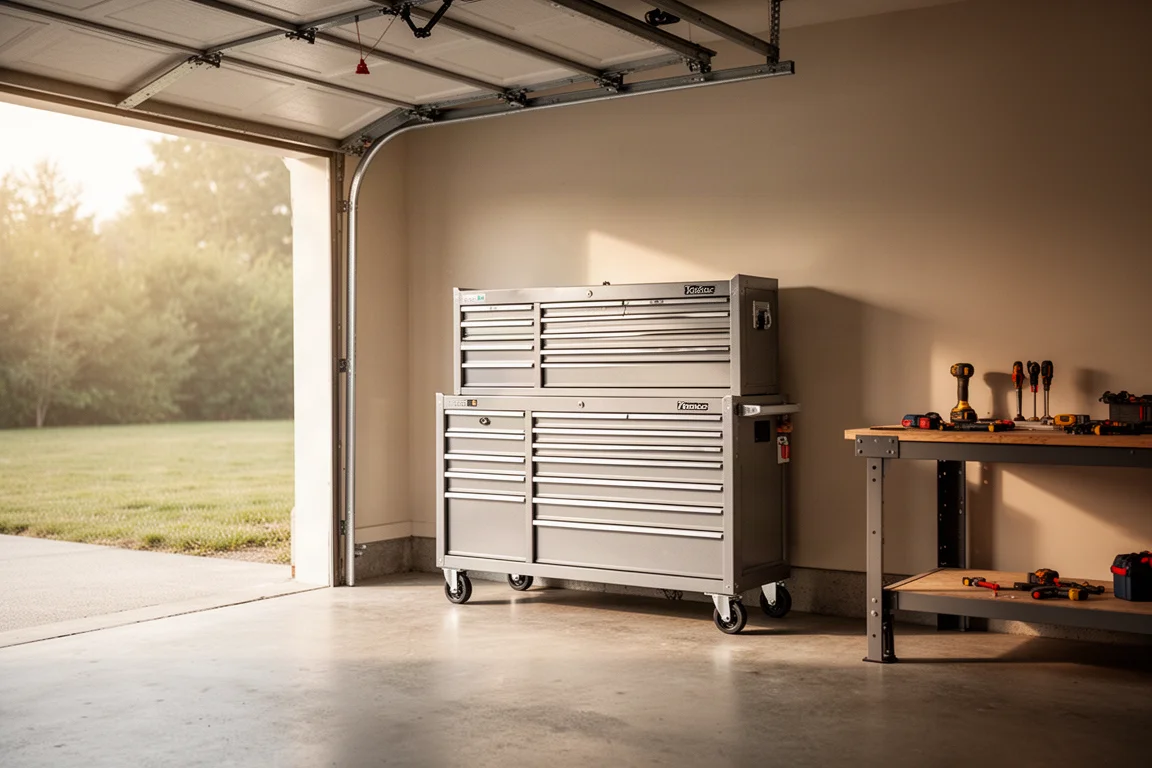 Rolling tool cabinet with five drawers standing in a tidy one-car garage