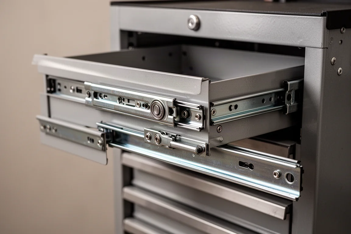 Close-up of a metal drawer rail system on a tool cabinet