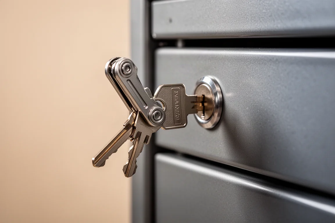 Folding key tucked into a tool cabinet lock