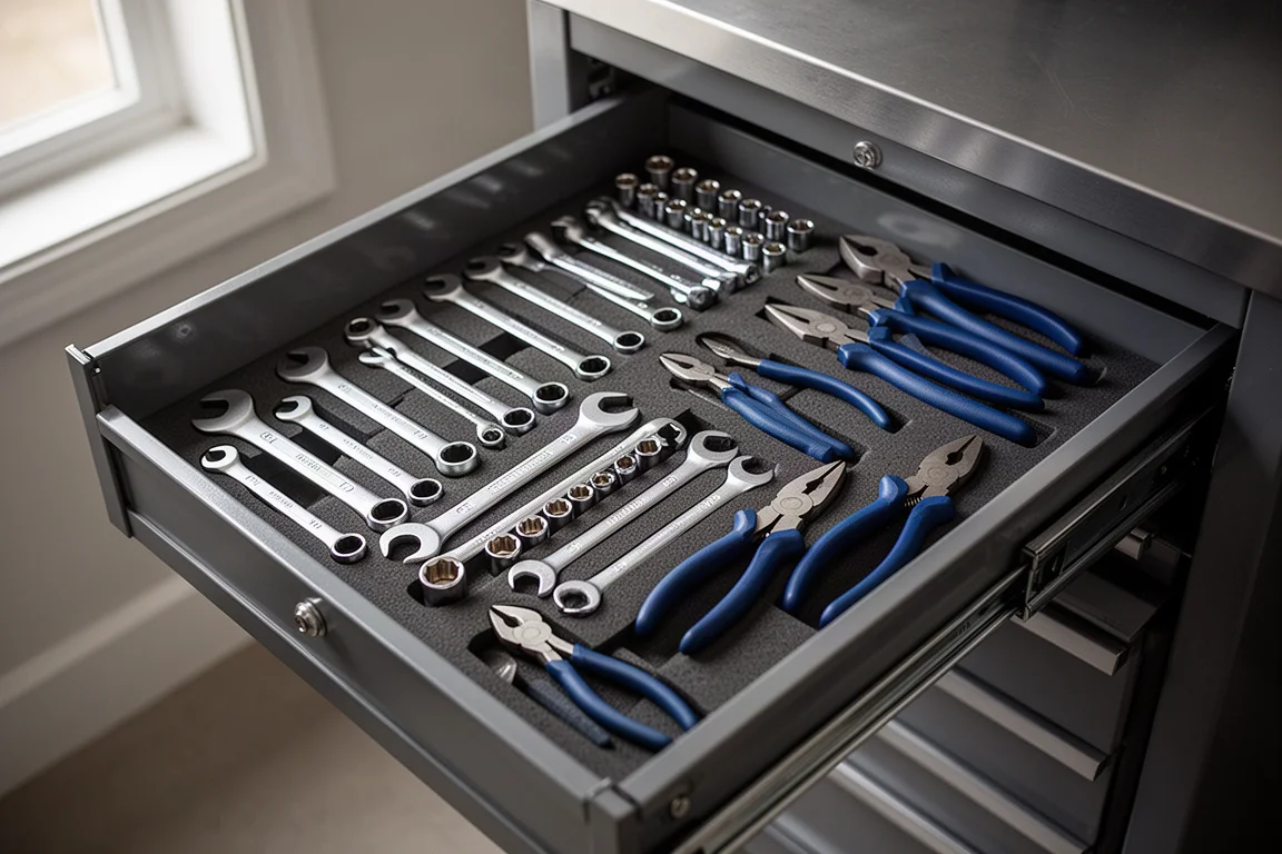 Tool cabinet drawer loaded with organized hand tools