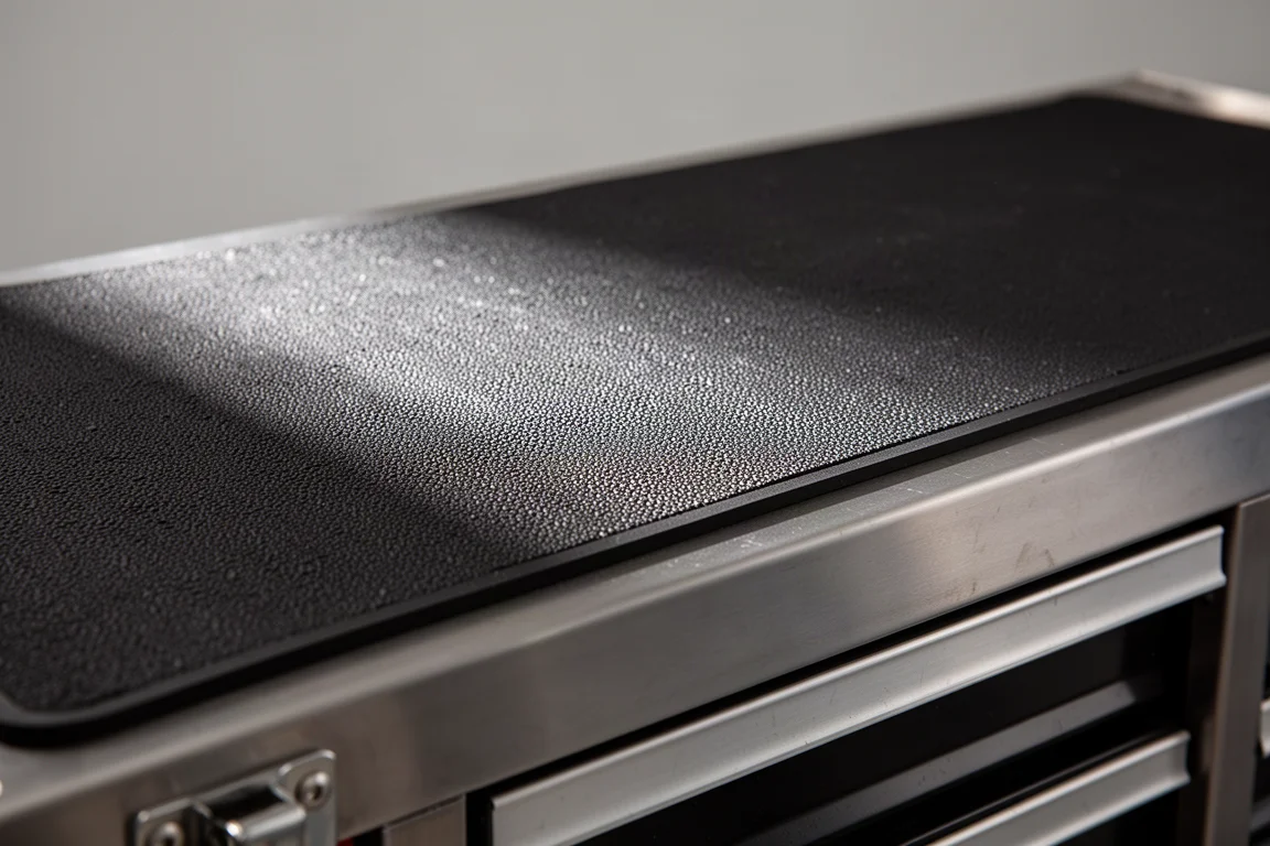 Tappetino in gomma duro sul piano di una cassettiera su ruote con texture sottile
