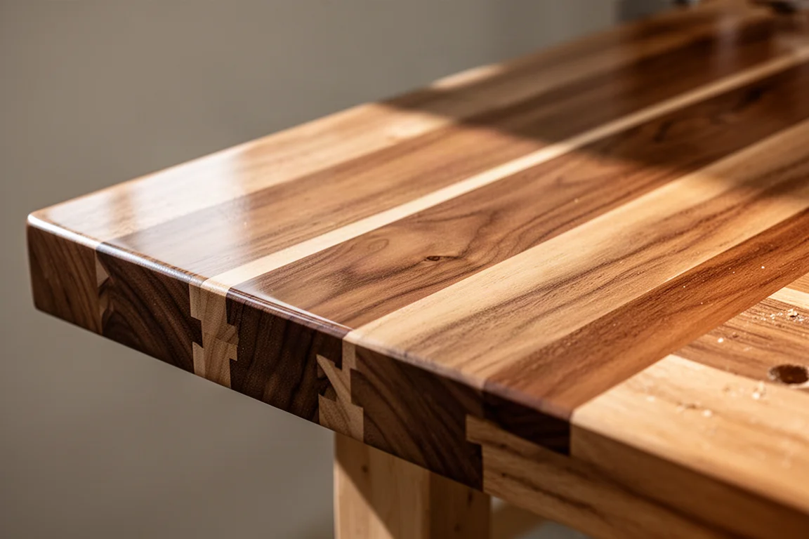 Close-up of a glossy wood workbench top with visible finger-jointed grain
