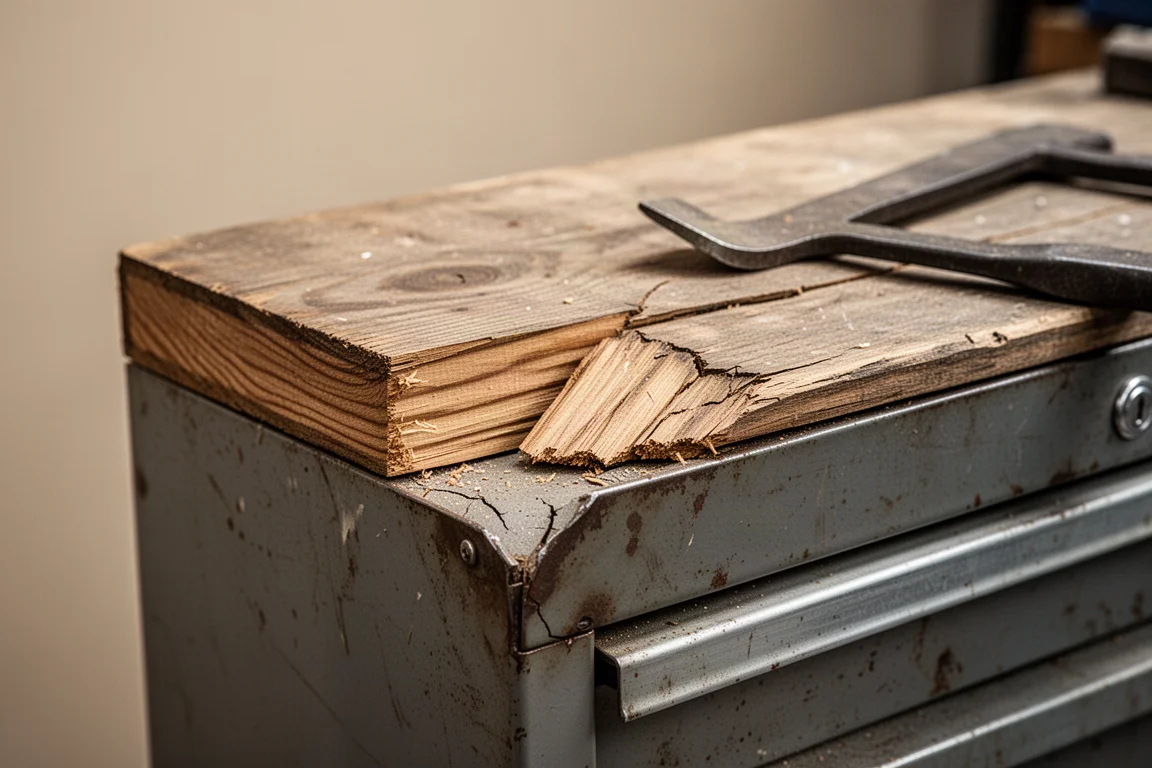 Cracked and weathered wood edge exposed on a damaged tool cabinet top