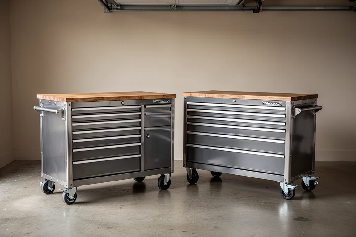 Two tool cabinets side by side in a garage for comparison