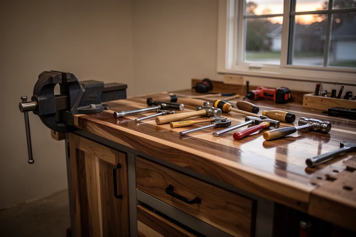 Tool cabinet workbench top holding tools in a garage workspace