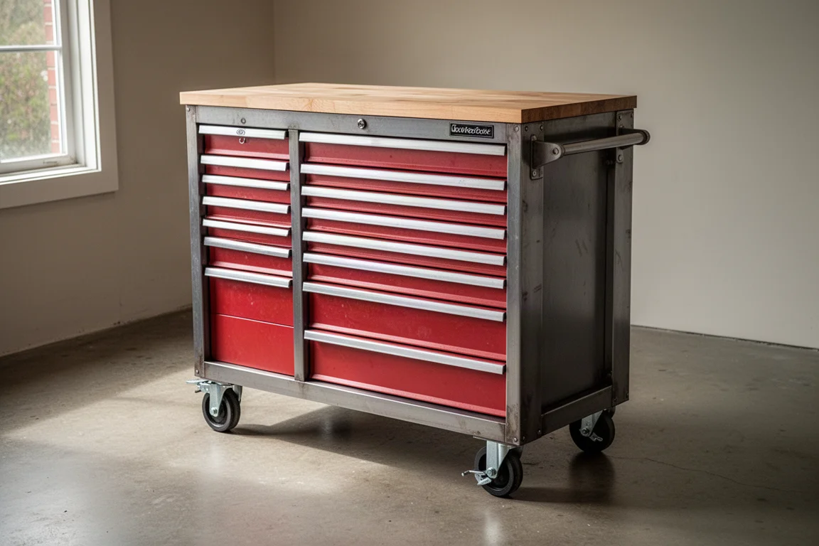 Caisse à outils large à neuf tiroirs avec plateau en bois dur posée sur un sol de garage