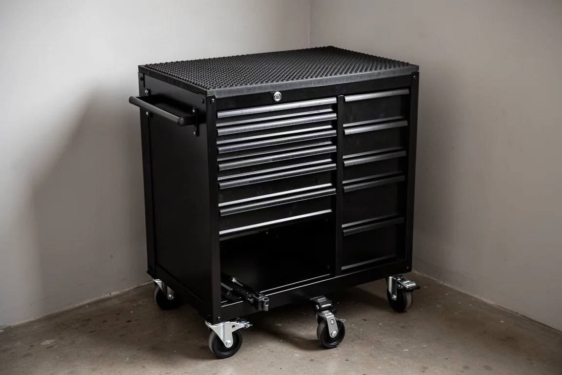Caisse à outils noire plus haute avec tapis en caoutchouc au-dessus dans un atelier bien rangé