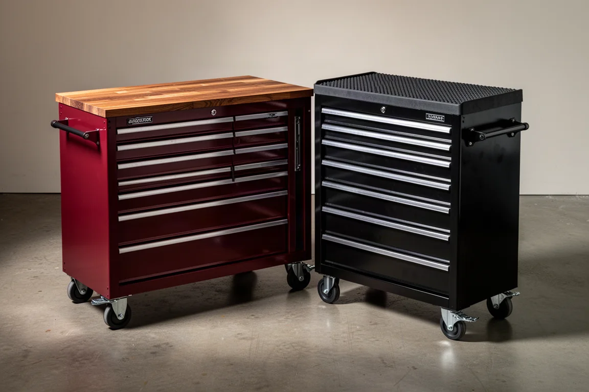 Two rolling tool cabinets side by side on a concrete garage floor