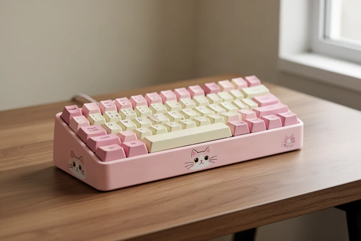 Collezione di tastiere meccaniche tra cui un modello a tema gatto e una TKL in alluminio su una superficie di cemento