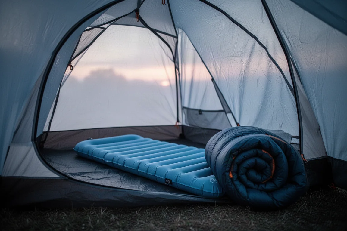 Matelas de sommeil gonflable et sac de couchage dans une petite tente de camping au crépuscule