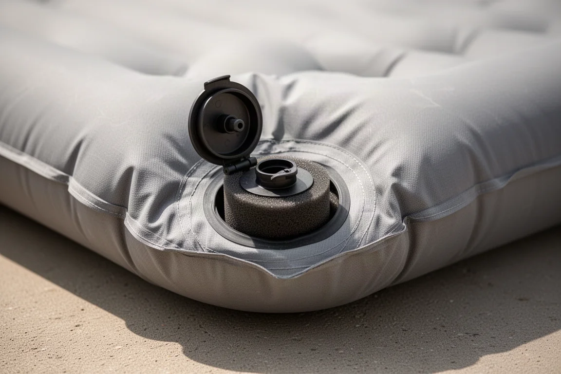 Gros plan de la surface matelassée et du logement de la pompe sur un matelas de sommeil gonflable