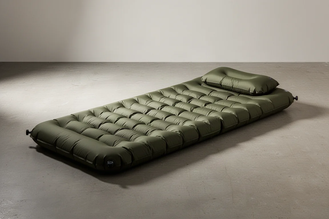 Inflatable camping sleeping pad with quilted baffles laid flat on a concrete floor
