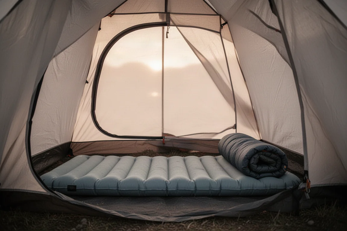 Slim inflatable sleeping pad laid out inside a small camping tent at dawn