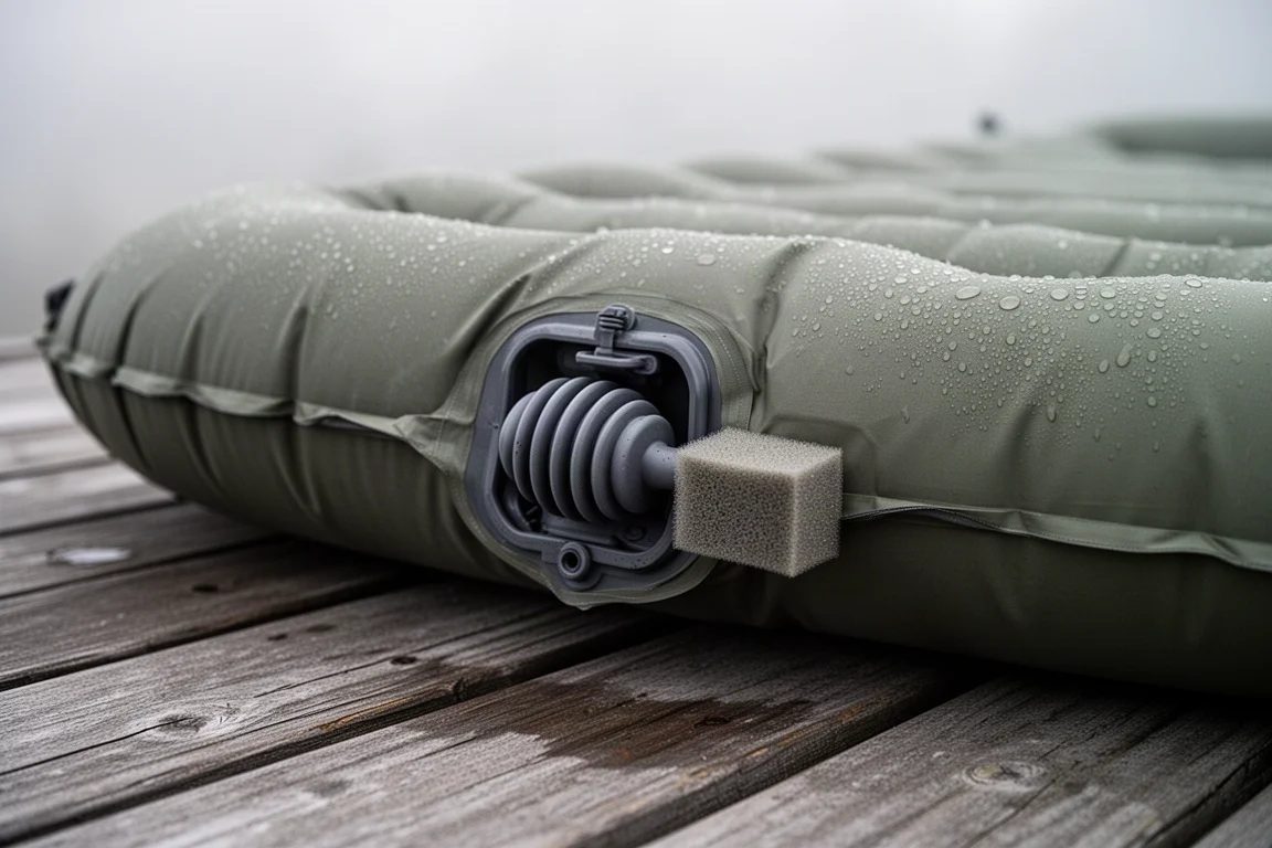 Close-up of the foot-end inflation valve and built-in pump on a camping pad