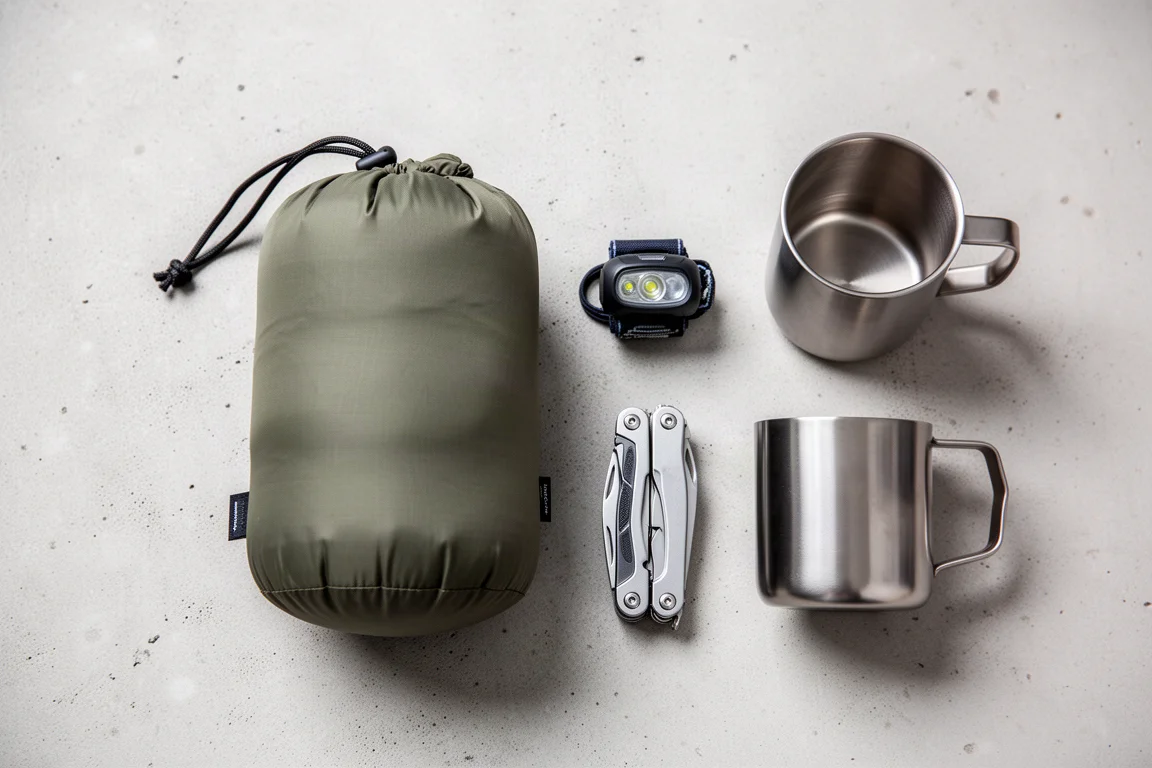 Overhead flat-lay of a packed camping pad and small camp accessories on concrete