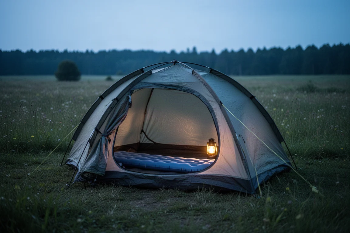 Campsite at dusk with a lit tent and sleeping pad visible through the open door