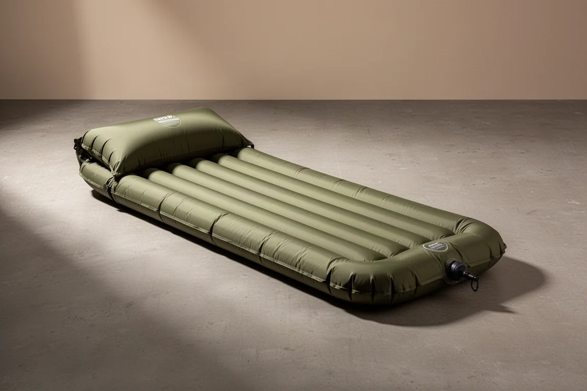 Olive inflatable camping sleeping pad with pillow section and baffle channels on concrete