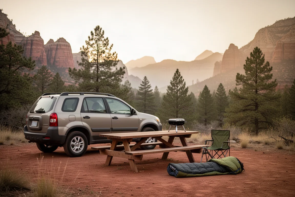 Campeggio nell'ora d'oro con un wagon 4x4, un tavolo da picnic, una sedia pieghevole e un piccolo grill portatile