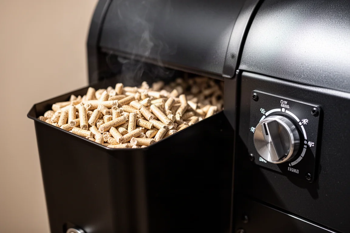 Primo piano della tramoggia di un grill a pellet riempita con pellet di legno e una manopola analogica impostata su Smoke
