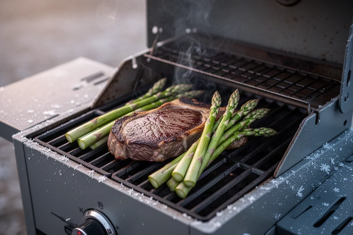 Bistecca di ribeye e asparagi sulla griglia con fumo sottile che sale nella luce fredda della sera