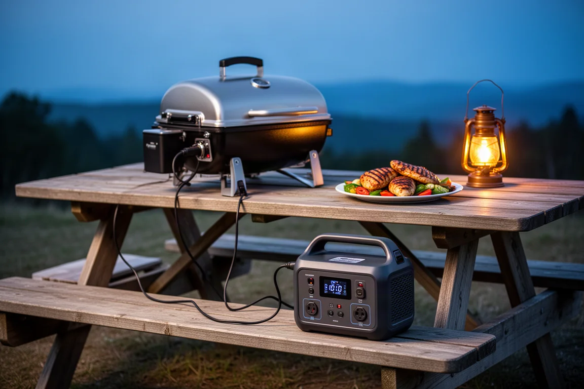 Grill a pellet portatile su un tavolo da picnic collegato a una power station al crepuscolo