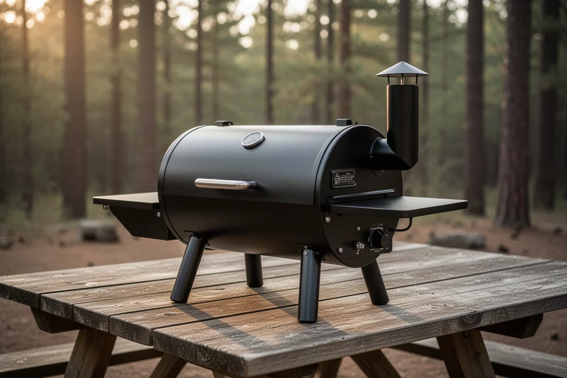 Compact black portable pellet grill on a wooden campsite table with pine forest behind