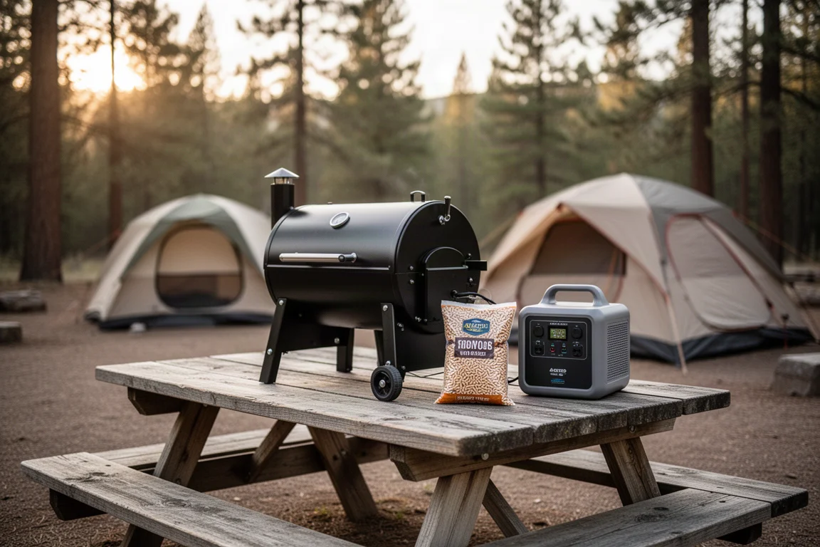 Grill à pellets portable sur une table de pique-nique dans un camping calme au crépuscule, avec de la fumée qui s'élève