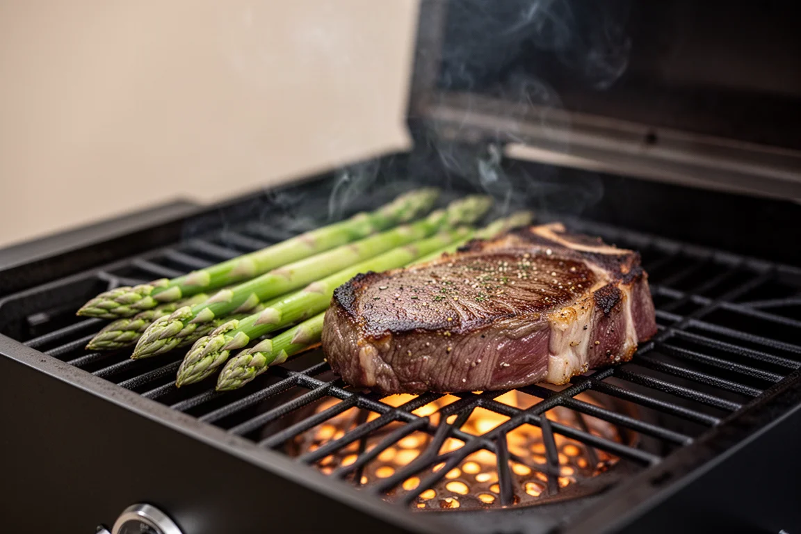 Gros plan sur de la fumée s'enroulant au-dessus d'un steak saisi et d'asperges sur des grilles chaudes