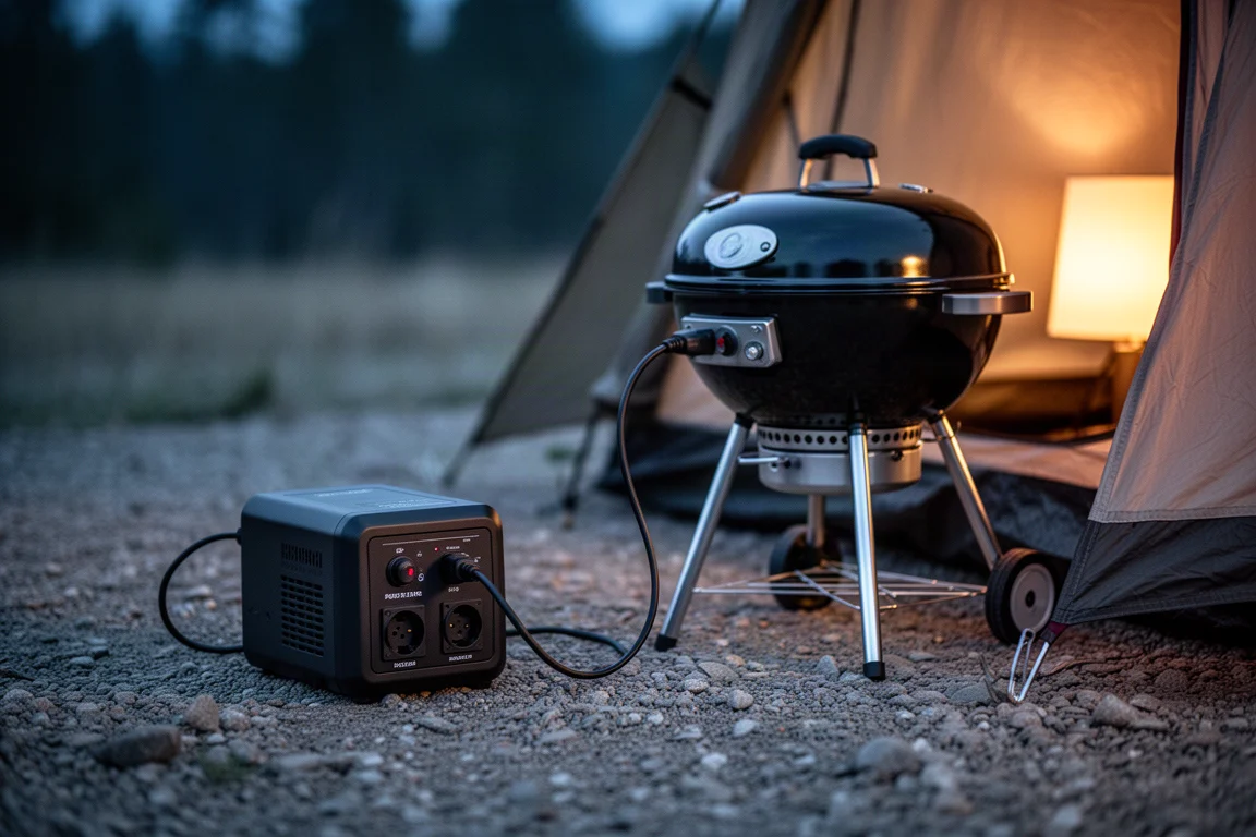 Station d'alimentation portable sur une table de pique-nique à côté d'un grill dans un camping par temps froid