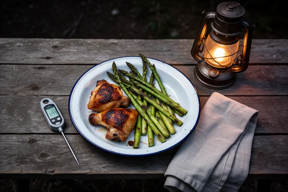 Vue à plat du matériel de préparation pour la cuisine en camping : viande marinée, assaisonnement et outils de grill