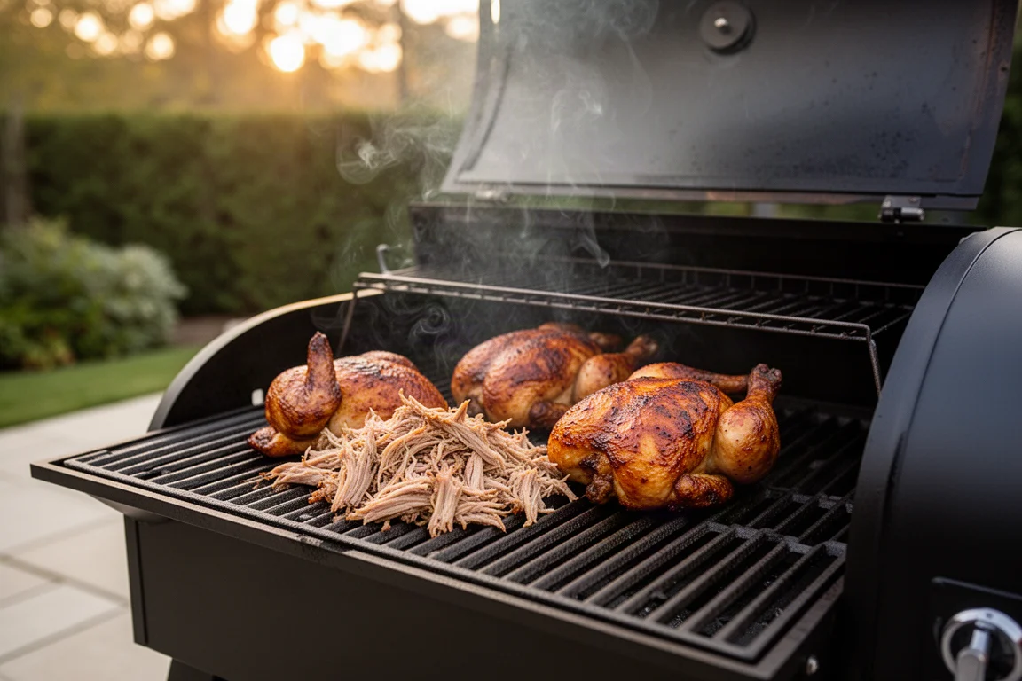 Carne cotta a riposo sulle griglie del grill con fumo che sale in ambiente esterno