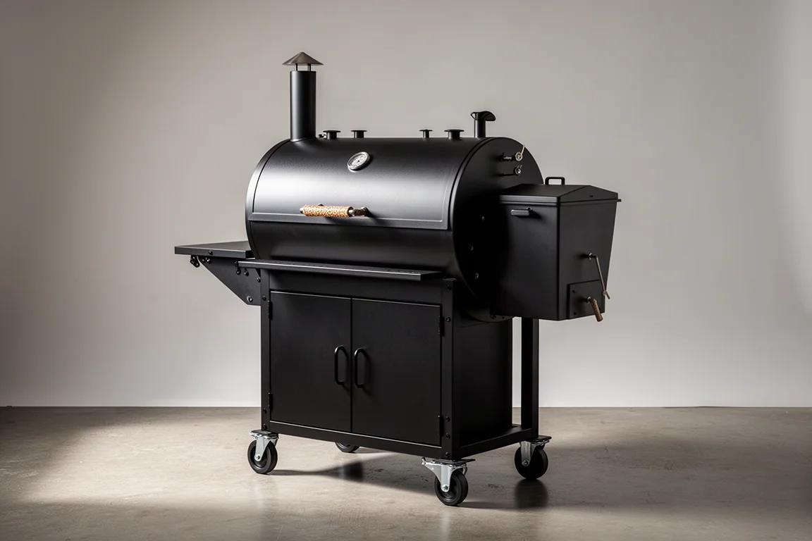 Z Grills 木粒熏烤爐，桶狀爐體、木粒槽與收納櫃置於水泥地上