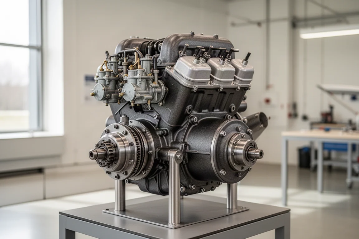 Compacte viertakt-vliegtuigmotor gepresenteerd in een lichte werkplaats