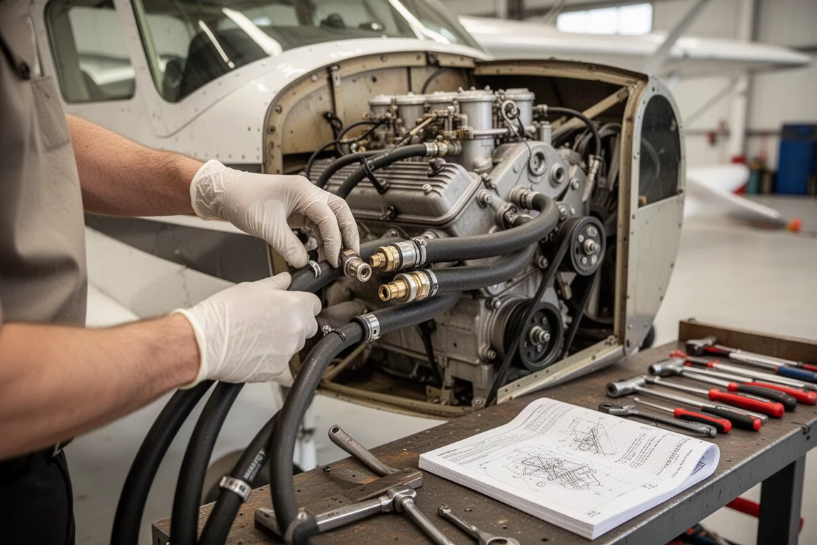 Vliegtuigtechnicus inspecteert slangen en fittingen van een motor