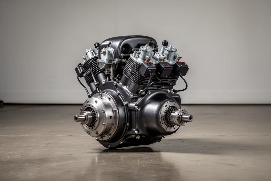 Compact four-cylinder light aircraft piston engine with dark coated aluminum case