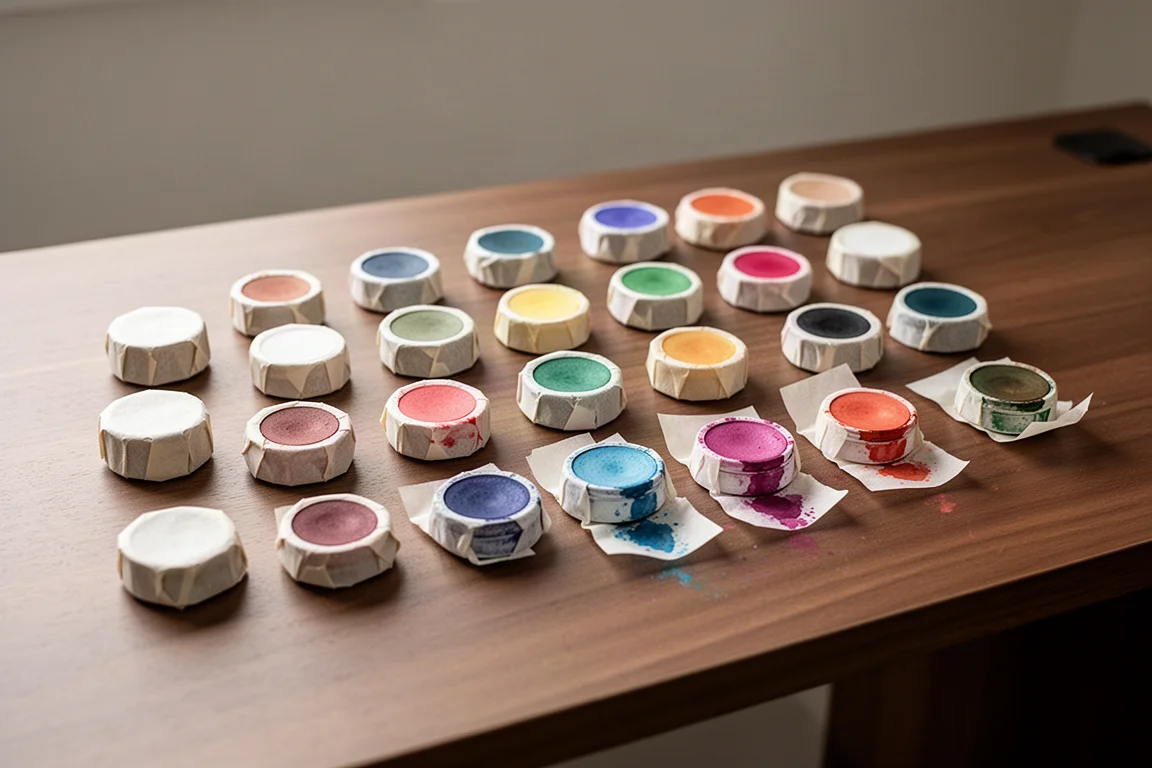 Small round watercolor pans individually wrapped in paper on a desk
