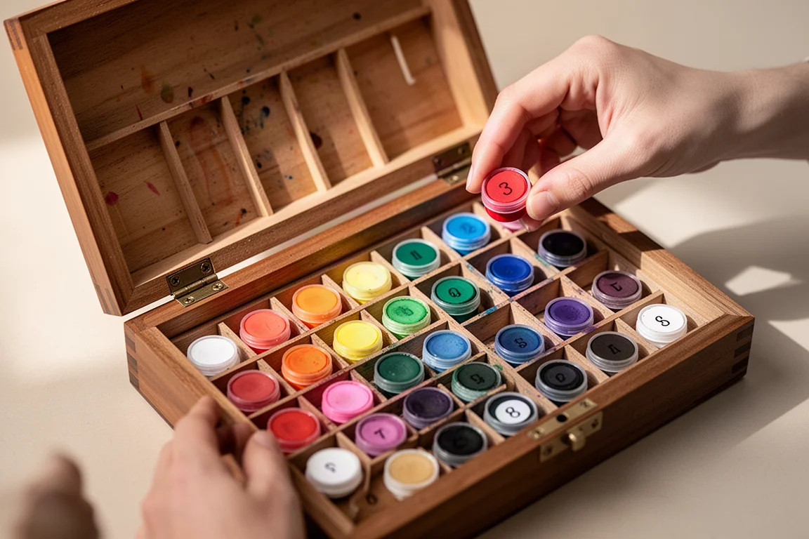 Artist arranging numbered watercolor pans into a wooden case grid